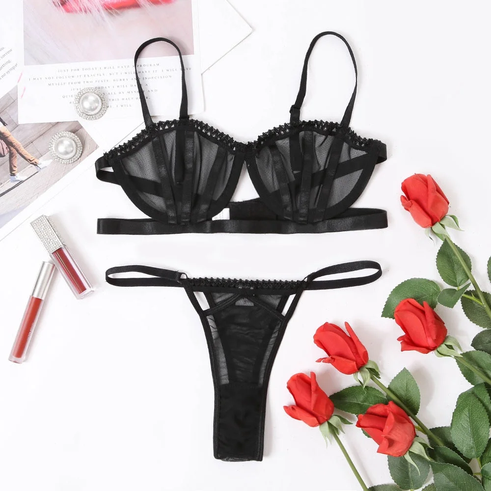 Sensual Lingerie Women 2 Pieces Push Up Bra Set Underwire Erotic Underwear Set Transparent Black Lace See Through Bralette
