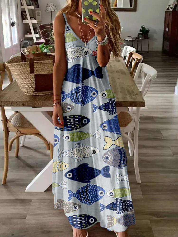 Vintage Fish Japanese Art V Neck Cami Maxi Dress