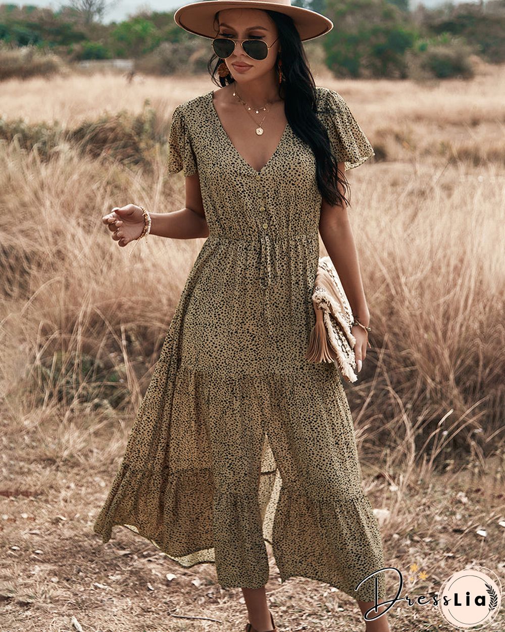 Polka Dot V Neck Side Split Button Up Midi Dress