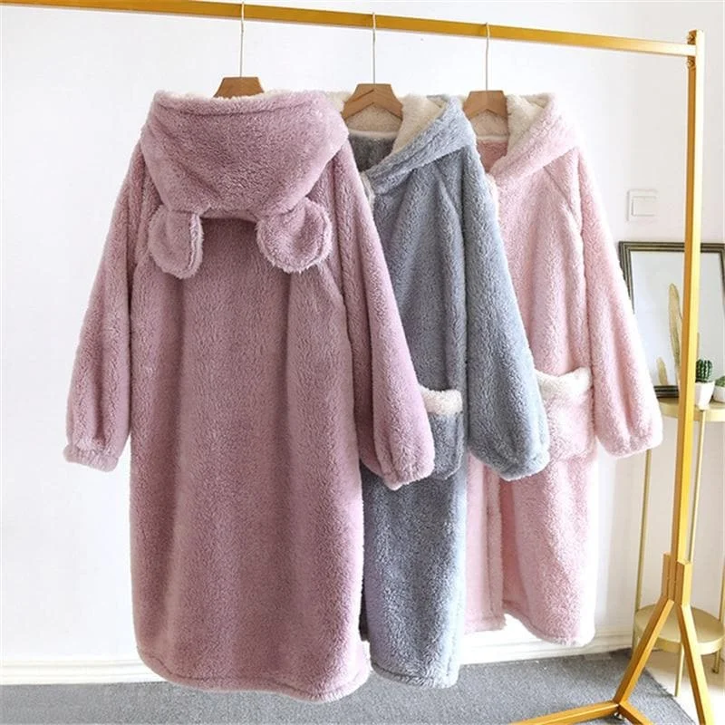 Funny Thickening Cardigan Cartoon Ears Hooded Nightgown SS0728
