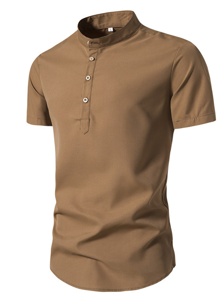 Men's Short-sleeved Shirt Stand-up Collar Pullover Solid Colour Buttons Casual Fashion Short-sleeved Shirt