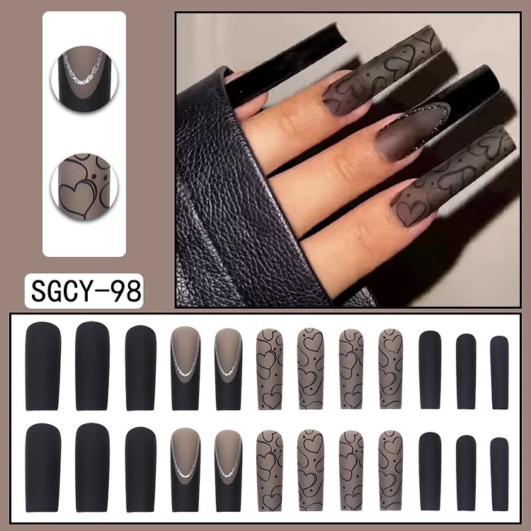 Black Whispers - 24 Fake Nails 12 Sizes LOVE Design Extra Long Clear Press On Nails Kit