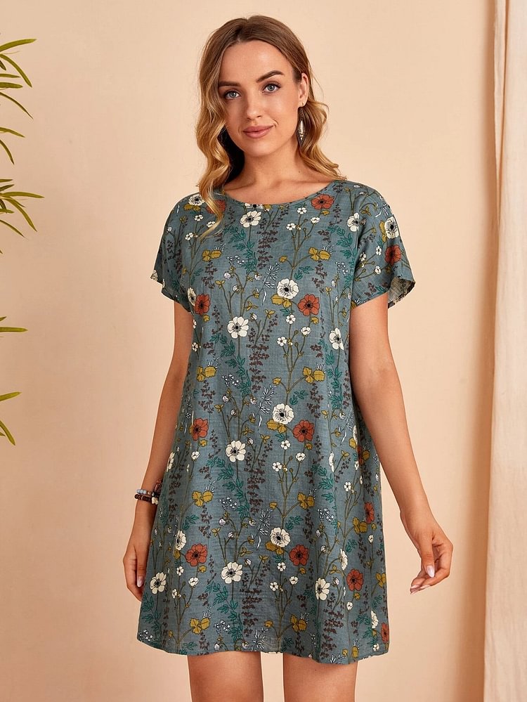 Floral Print Batwing Sleeve Tunic Dress