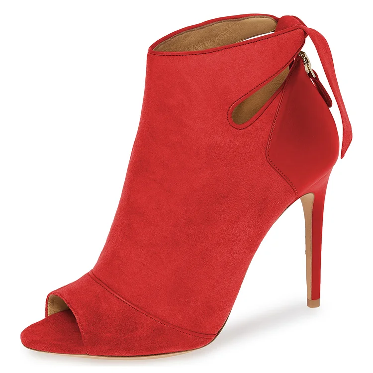 Red Fall Boots Peep Toe Back Tie Stiletto Heel Ankle Boots |FSJ Shoes