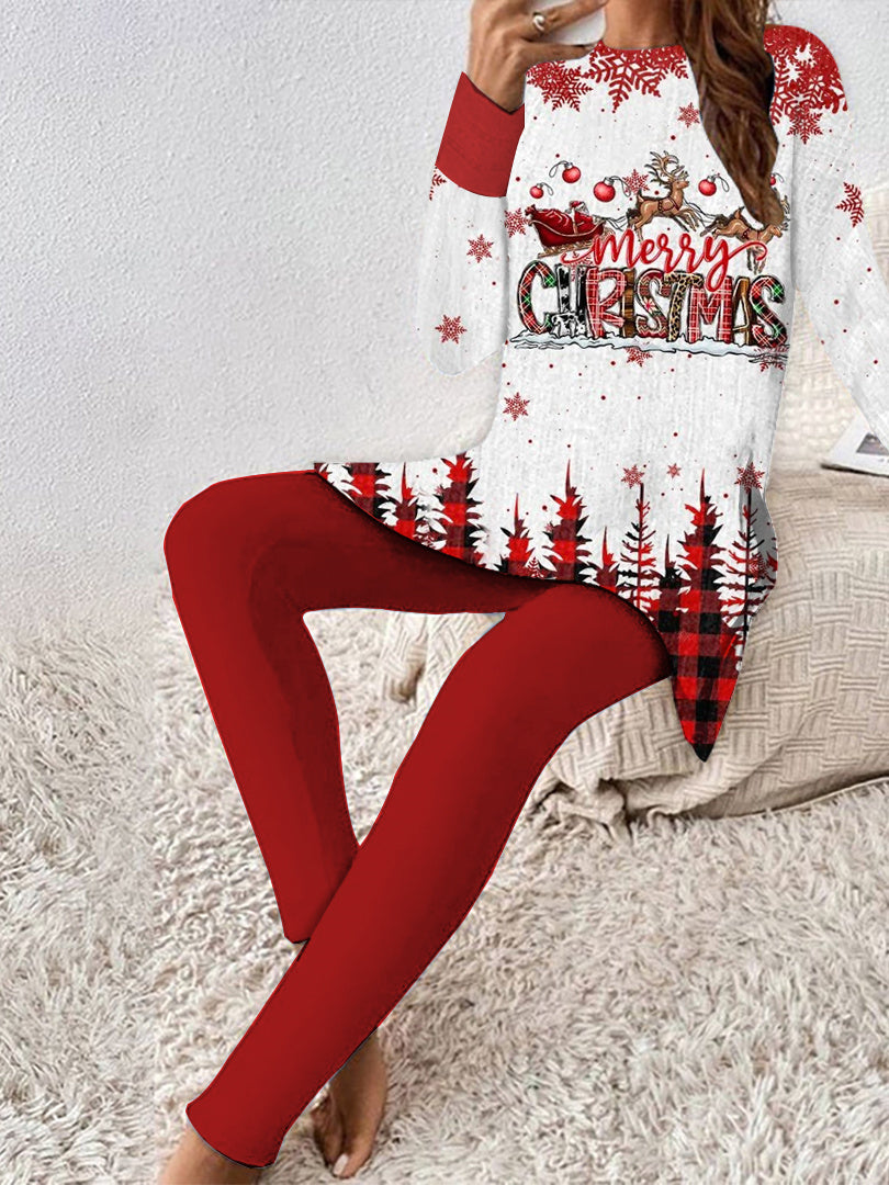 Women Casual Long Sleeve Round Neck Graphic Christmas Two-Piece Set