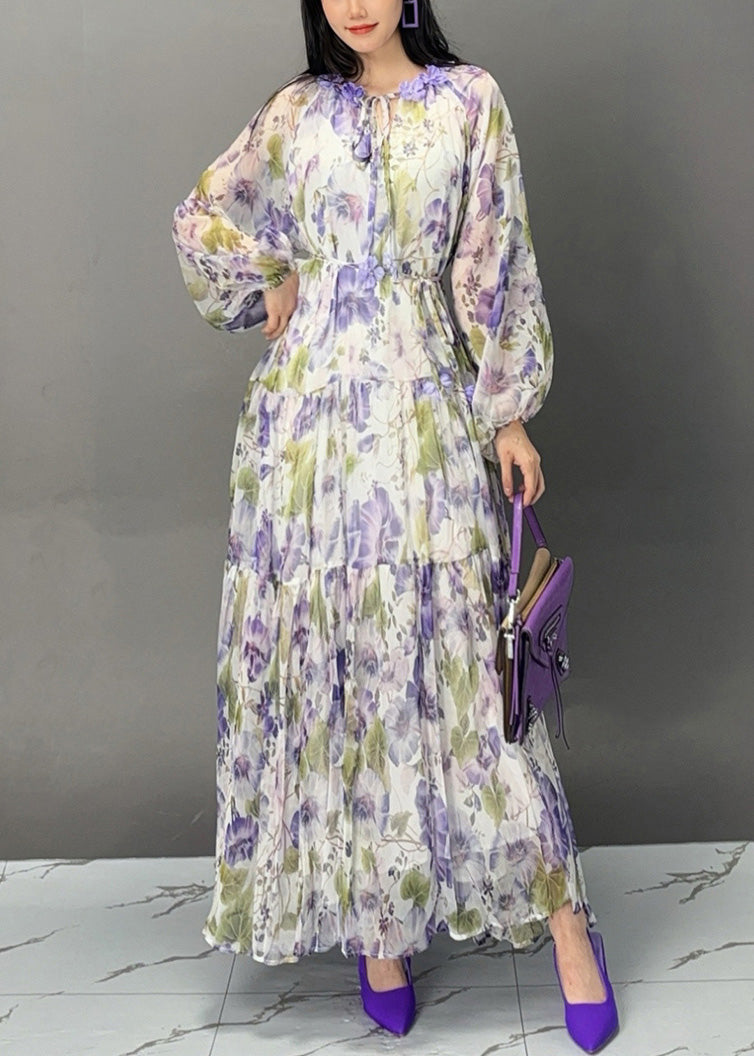 VCSHOES Purple Lace Up Print Chiffon Fall Long Dress