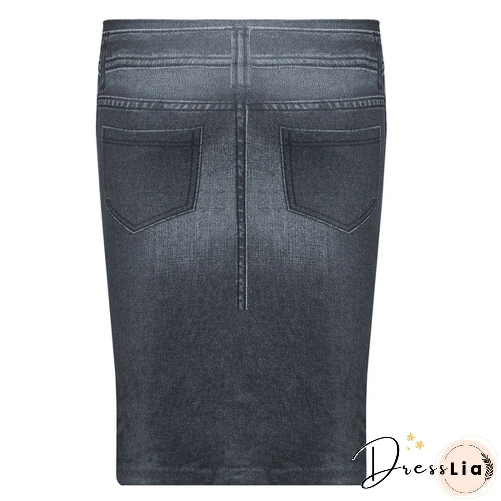Women Fashion Print Seamless Skirt Faux Denim Jean Skirts Short Slim High Waist Elastic Mini Dress Plus Size