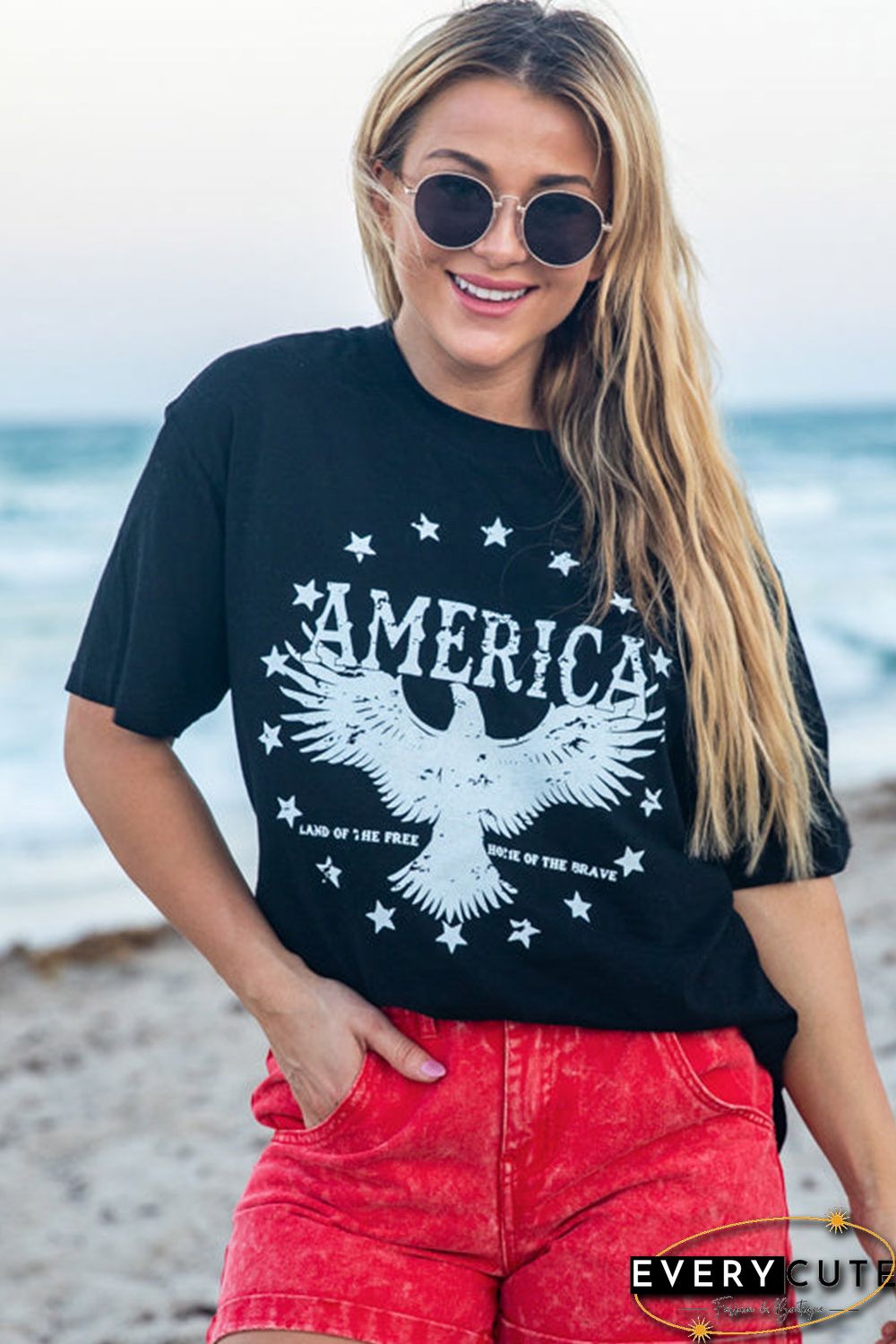 Black AMERICA Eagle Star Graphic Print Short Sleeve T Shirt