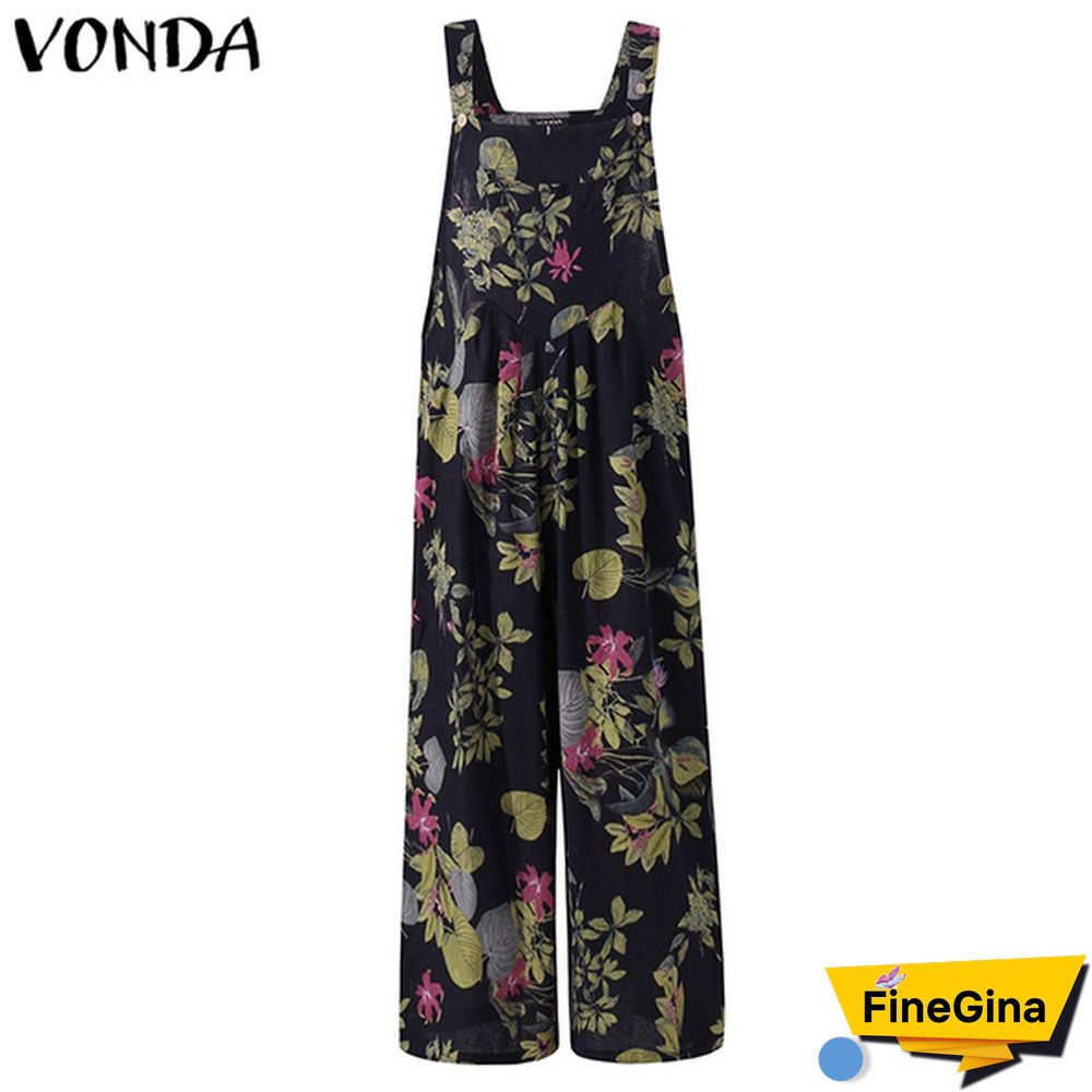 Women Sleeveless Floral Print Cotton Jumpsuits Vintage Bib Pants Long Trousers Plus Size Summer Palazzo Overalls Dungarees
