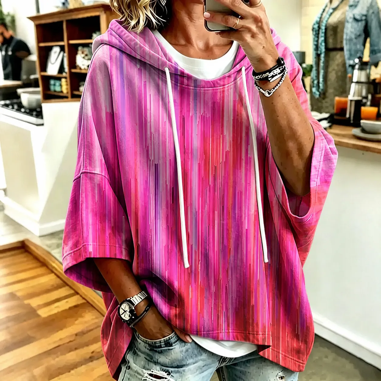Comstylish Women's Retro Bohemian Hippie Style Abstract Geometric Print Hooded Sweatshirt