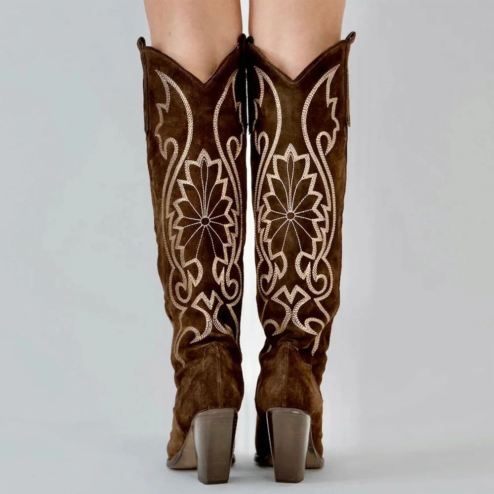 Vegan Suede Pointed Toe Embroidered Knee-High Brown Cowboy Boots