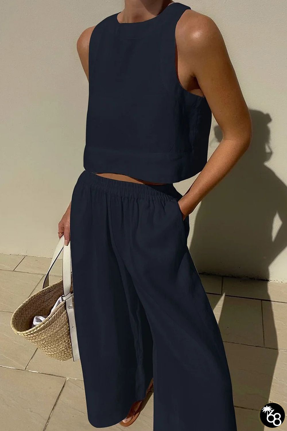 Tibetan Blue Casual Simplicity Solid Solid Color O Neck Sleeveless Two Pieces | 168DEAL