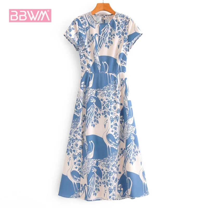 Xianhe Printing Summer New Slim Slimming Wild Short Sleeve Female Dress Round Neck Print Back Hollow Long Women's Dress