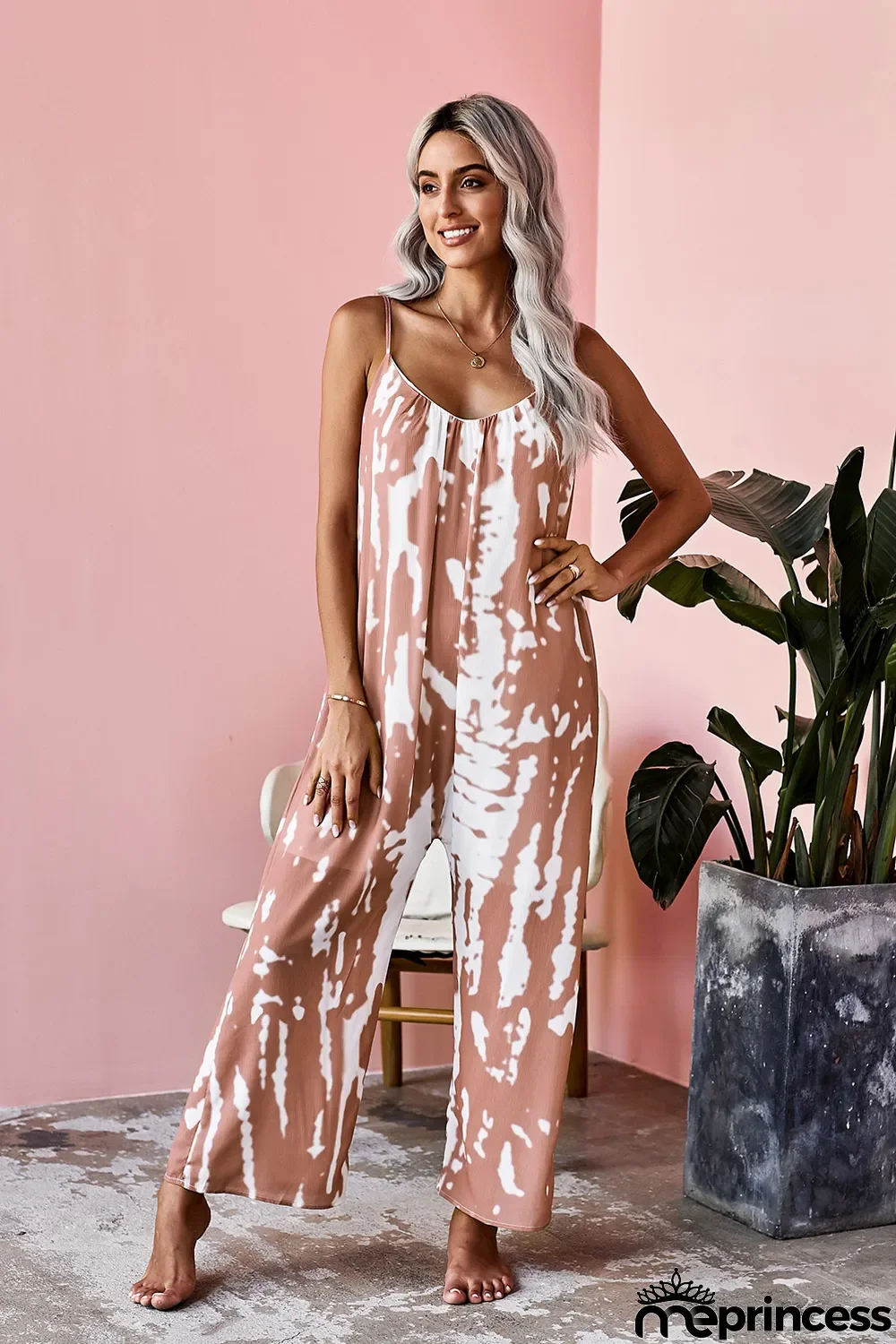 Pink Spaghetti Strap Tie Dye Baggy Long Pants Romper