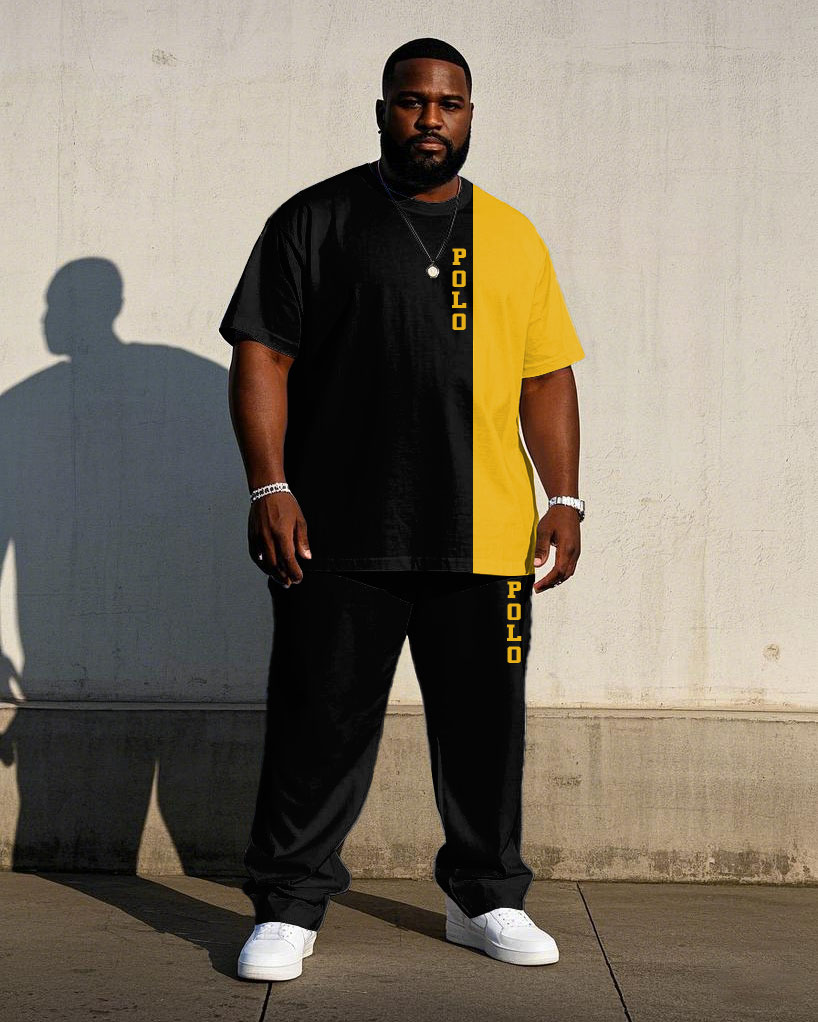 Men's Plus Size Black & Yellow Colorblock Signature Printed Short-sleeved T-shirt Trousers Suit