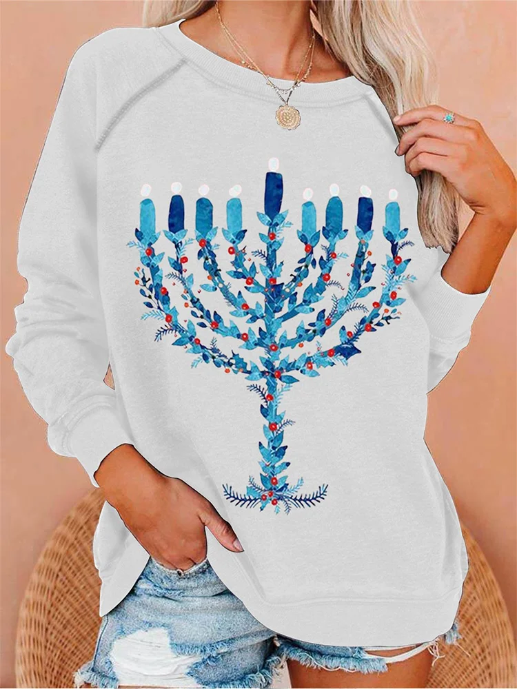 Women's Hanukkah Menorah Printed Crew Neck Long Sleeve Sweatshirt-1