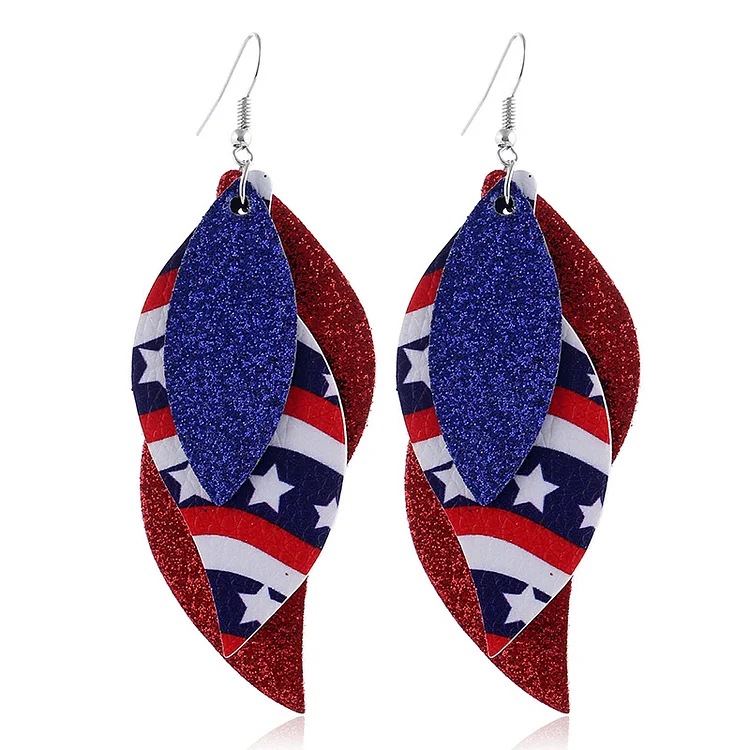 Festival Red Independent Day Pentagon PU Leather Multi-layer Leaf Sparklys Earrings  Flycurvy [product_label]