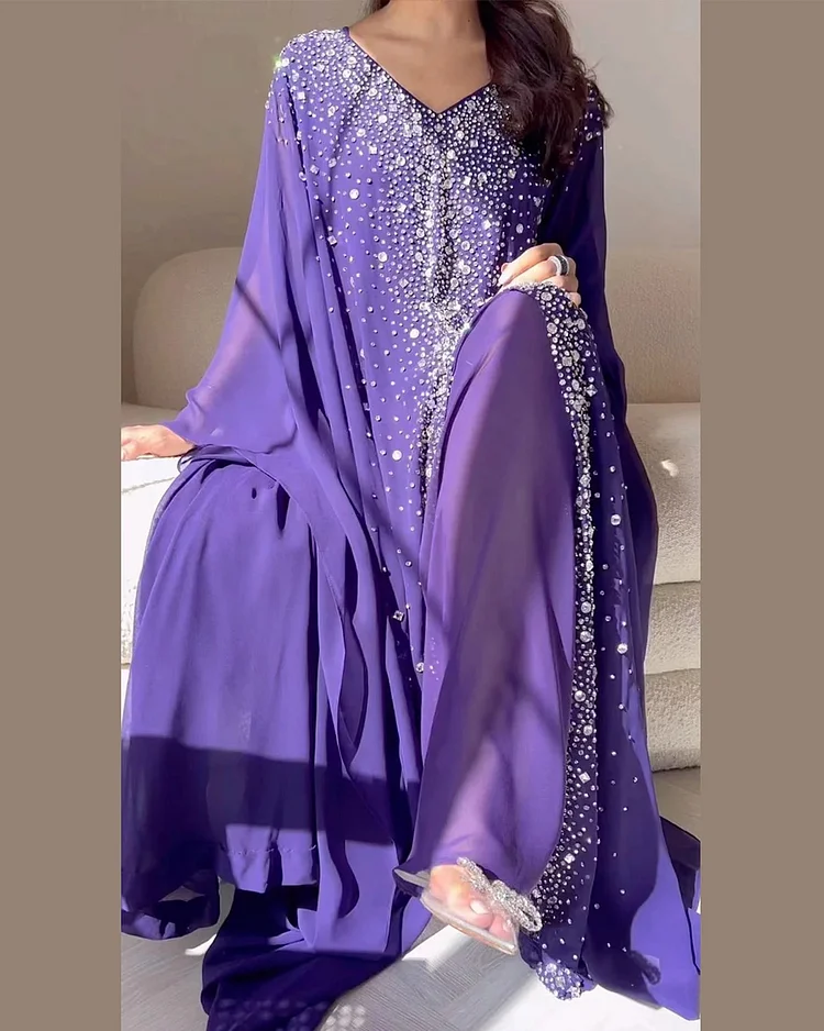 Women's Retro Rhinestones Chiffon Pure Color Maxi Dress