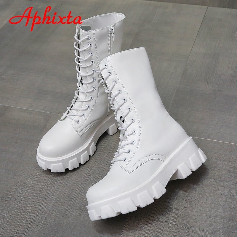 Aphixta 2021 New Mid Calf Boots Women Autumn Winter Fashion Lace-up Zipper Botas Mujer Boots Sports Platform Heel Ladies Shoes