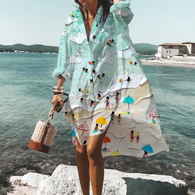 Women's long-sleeved lapel seaside casual cotton-blend holiday beach mid-length skirt socialshop