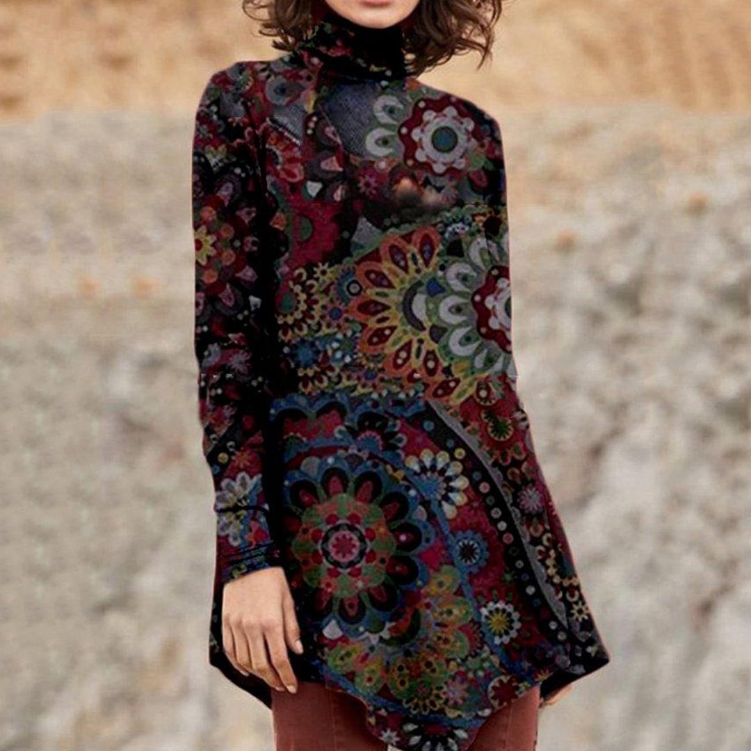 Vintage Turtleneck Print Long Sleeves Tunic