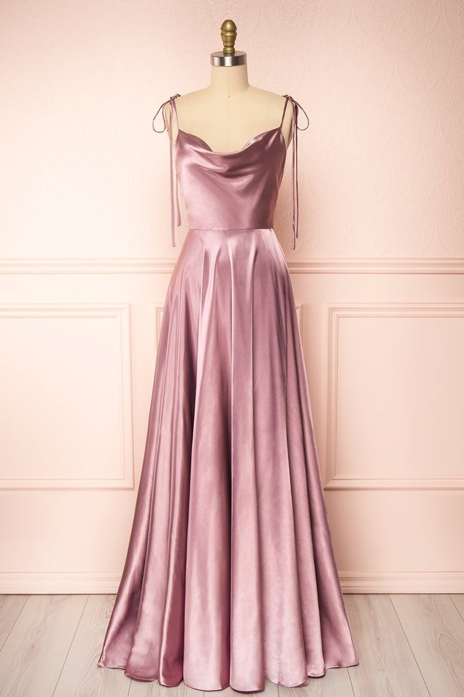 Oknass Simple Rose Satin Spaghetti Straps Sleeveless Prom Dress With Split Open Back