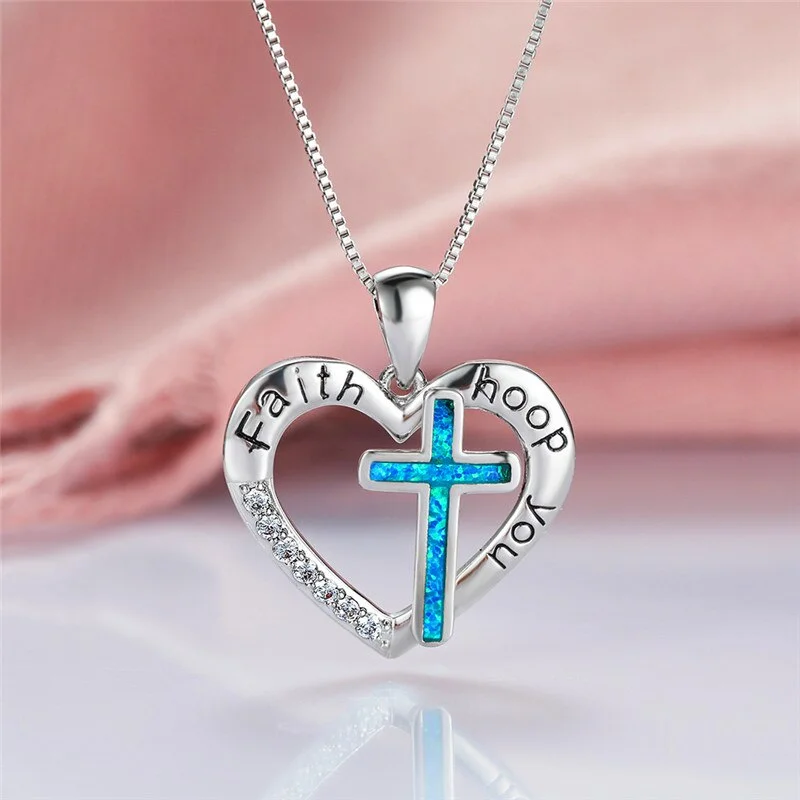 Vintage Female Cross Opal Pendant Necklace Charm Silver Color Chain Necklaces For Women Cool Crystal Love Heart Wedding Necklace