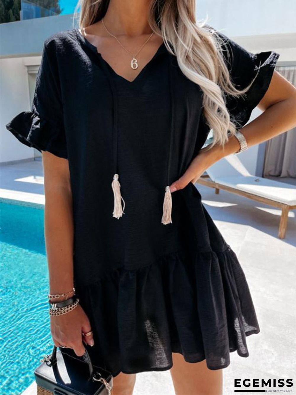 Casual Loose Fashion V-neck Ruffle Sleeve Hanging Beard Pleated Dress Women's White Dresses | EGEMISS