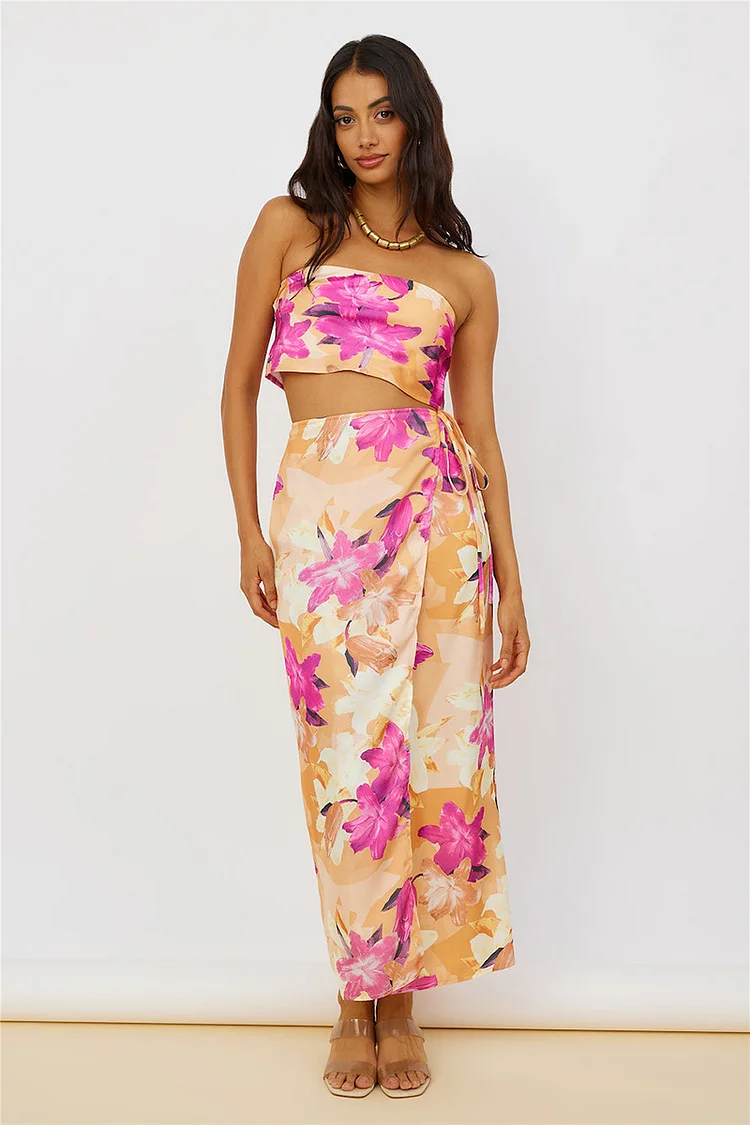 Boat Neck Tube Top Tied Up Wrapped High Slit Maxi Skirt Floral Print Slim Matching Sets [Pre Order]