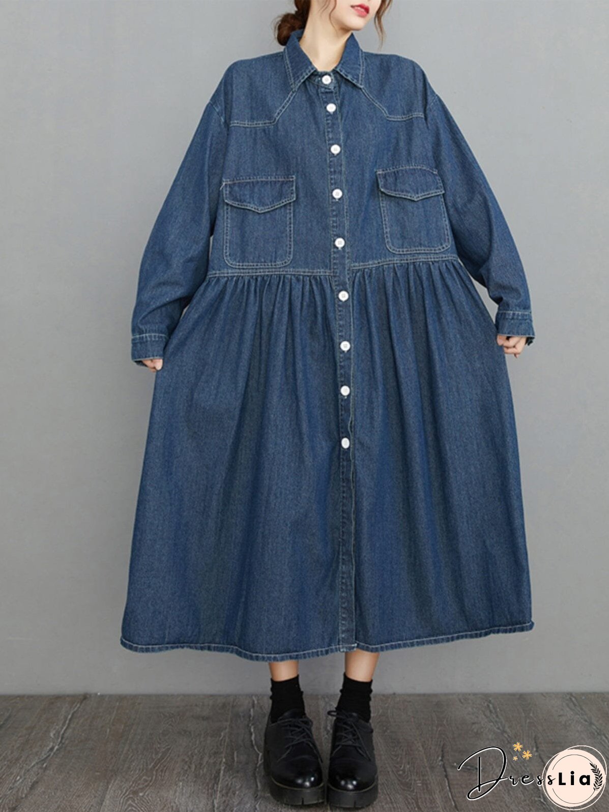 Spring Minimalist Loose Casual Denim Dress Long Sleeve