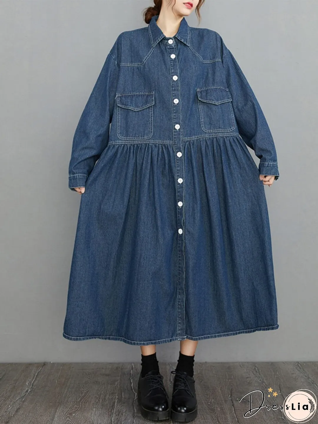 Spring Minimalist Loose Casual Denim Dress Long Sleeve