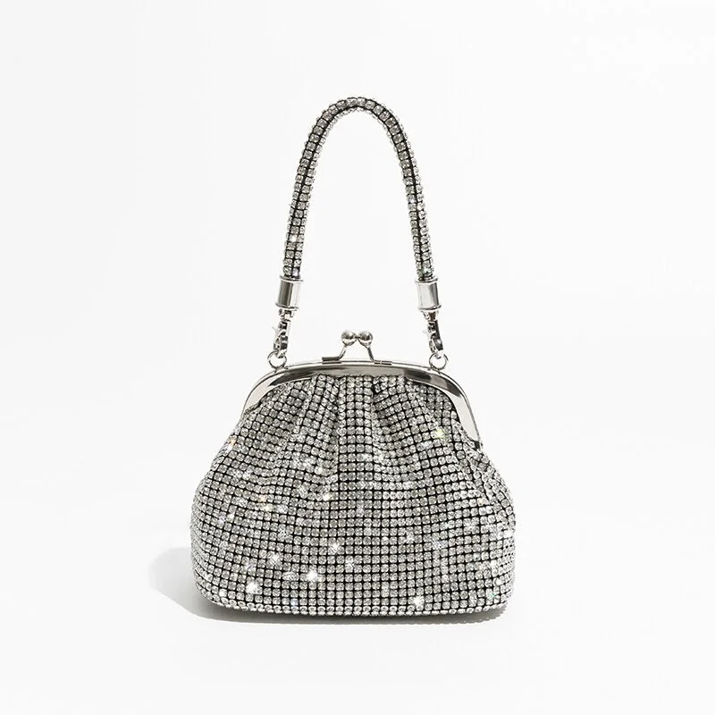 Xpoko Back to school Fashion Diamonds Clip Shell Women Handbags Crytal Mesh Shoulder Crossbody Bags Glitter Rhinestone Evening Party Small Purse 2023