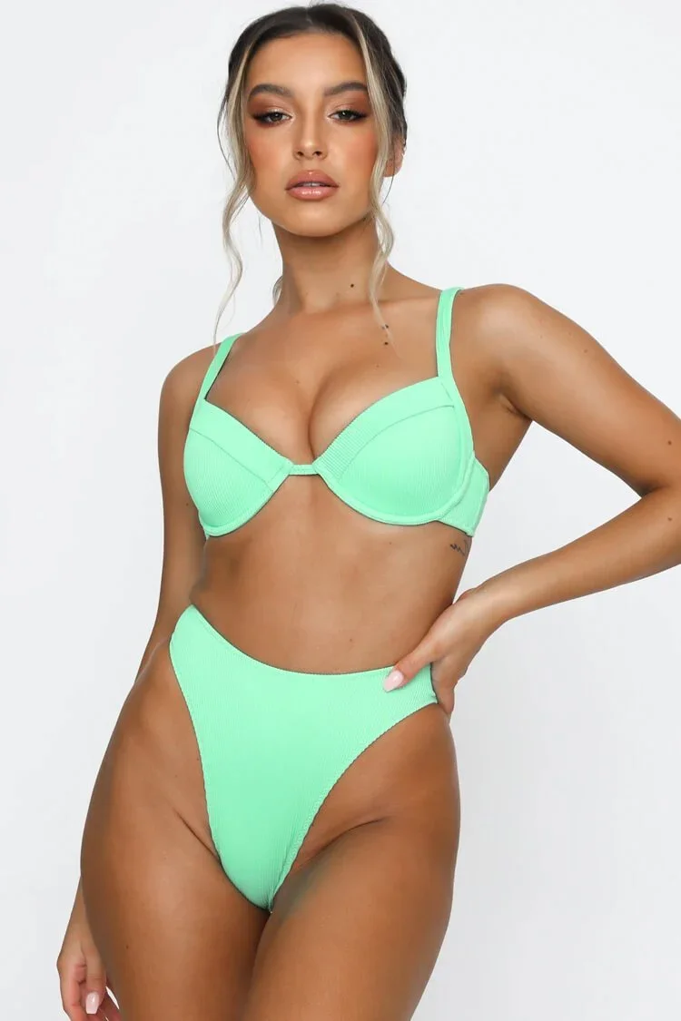 Ribbed High Leg High Waist Underwire Bikini Swimsuit - Two Piece Set