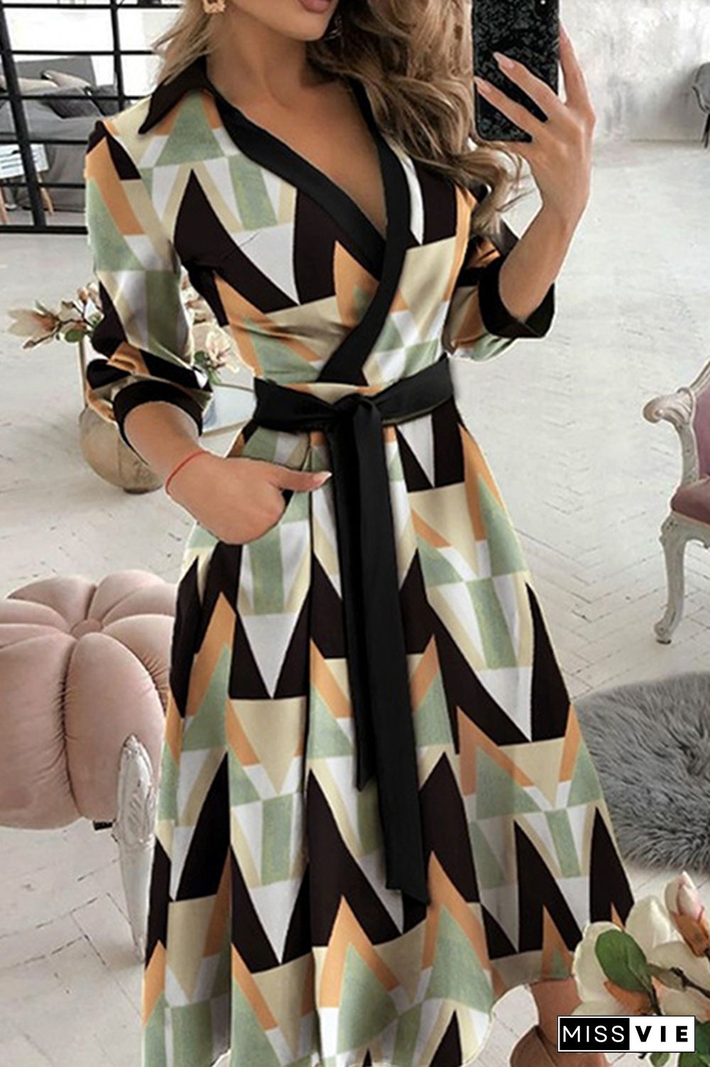 Fashion Elegant Print Solid Patchwork Frenulum V Neck A Line Dresses(10 Colors)