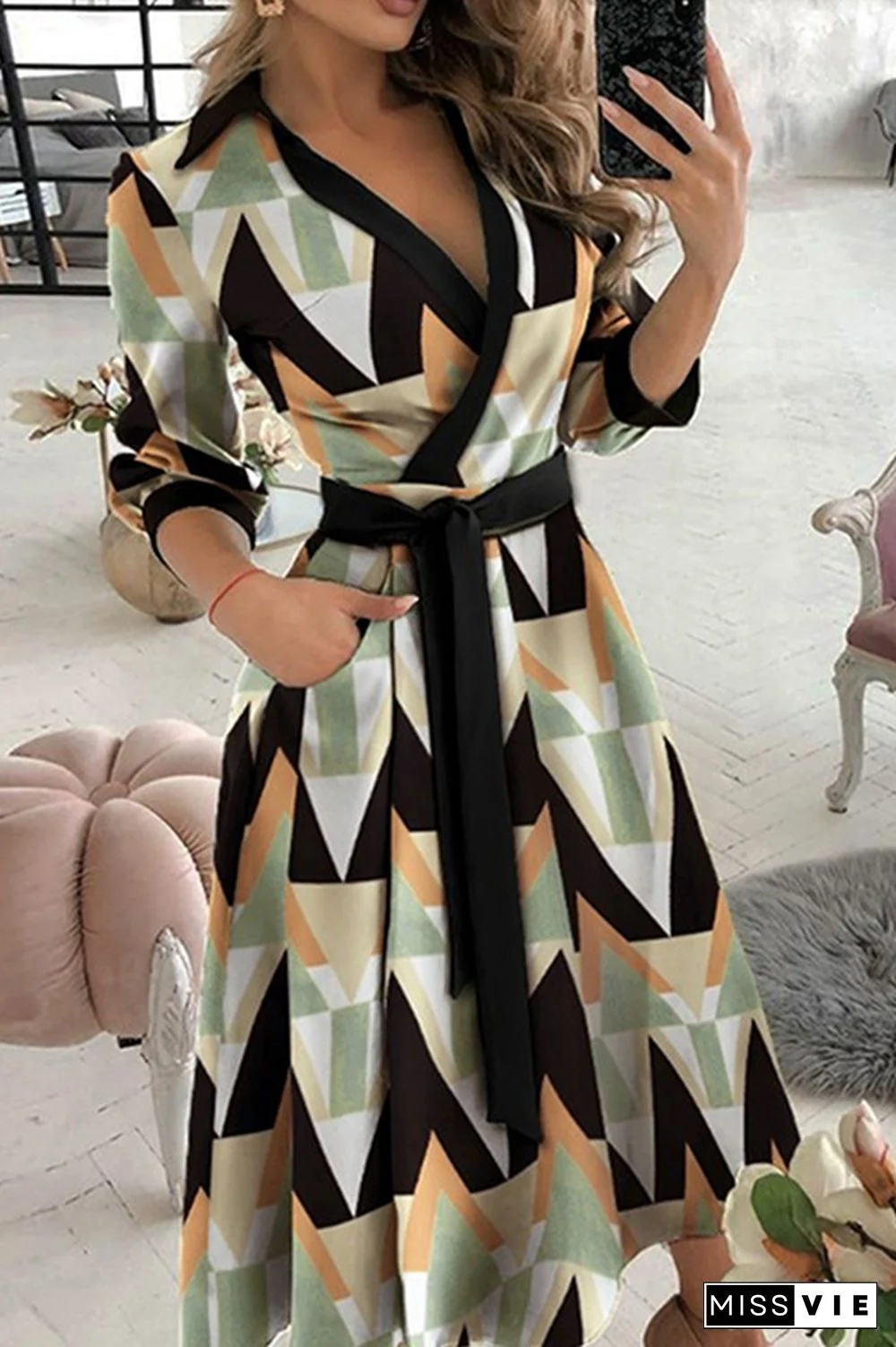 Fashion Elegant Print Solid Patchwork Frenulum V Neck A Line Dresses(10 Colors)