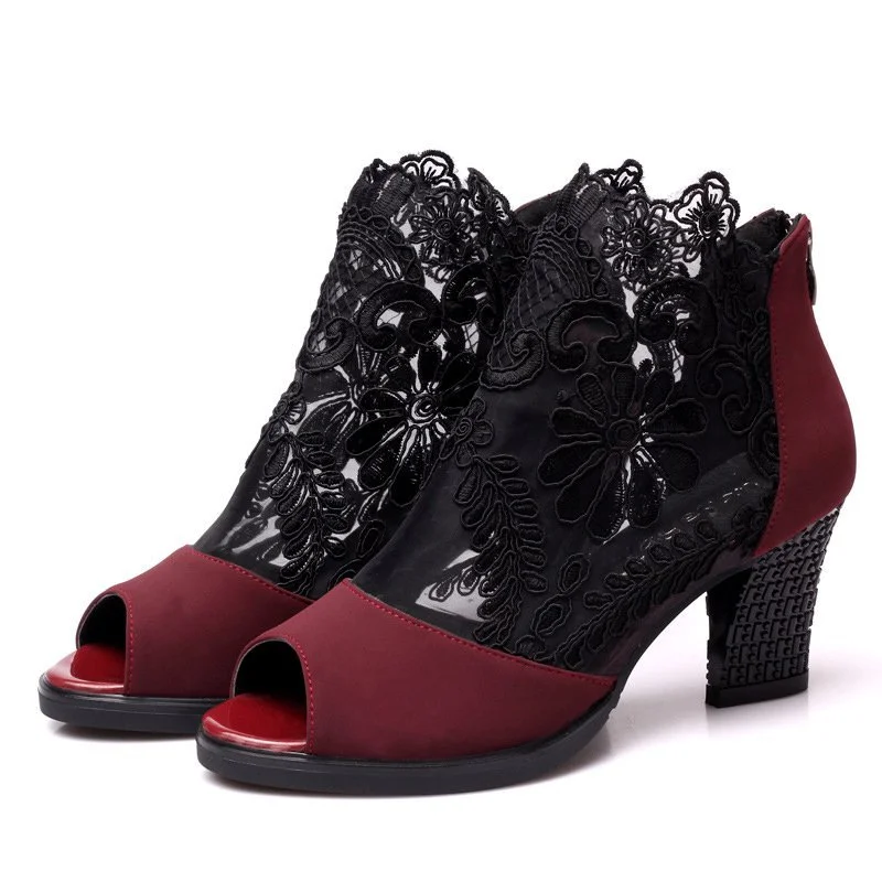 Chunky Heel Booties Casual Lace Peep Toe Boots with Zipper