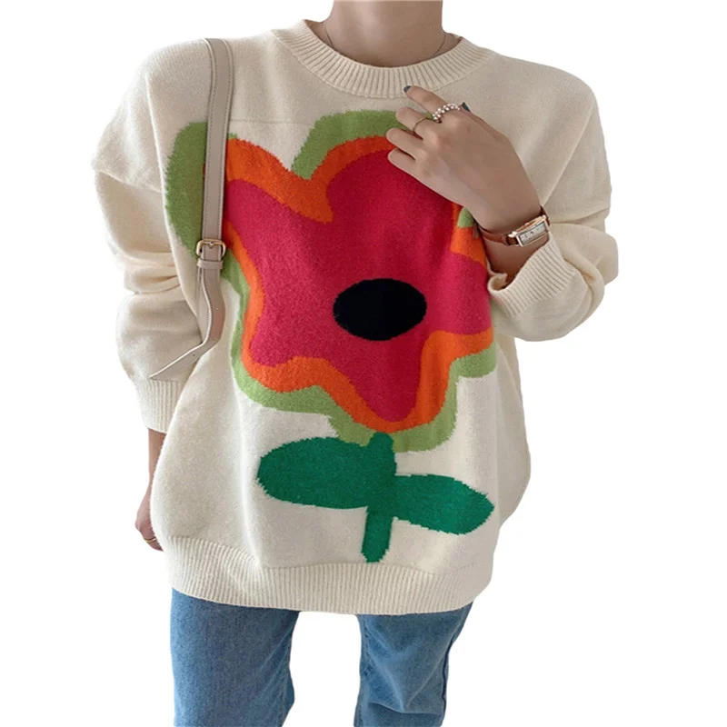Fashion Women Sweaters Winter Long Sleeve Flower Sweater Over Size Pullover Tops Casual Loose Aesthetic Pullover