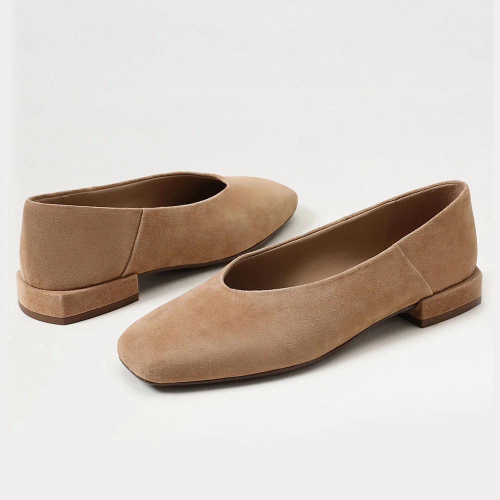 Tan Square Toe Slip On Vegan Suede Flats Business Casual Female Shoes