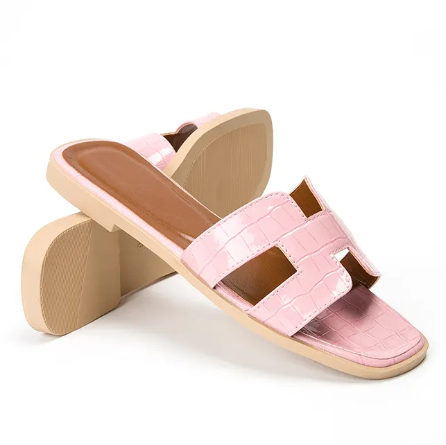 Womens Square Open Toe Summer Casual Flat Crocodile Slippers-vocosishoes