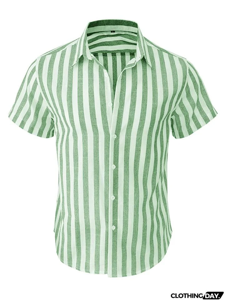 Men's Summer Classic Stripe Lapel Short Sleeve Button Beach Shirts