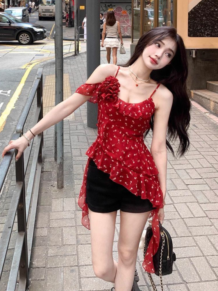 Gamestracks Y2K Aesthetic Ruffled T-Shirt – Summer One Shoulder Harajuku Top for Women  
