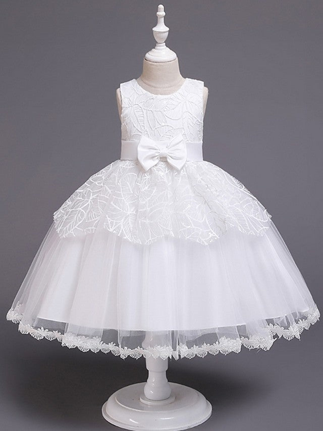 Oknass Sleeveless Jewel Neck Ball Gown  Flower Girl Dress Tulle With Sash Ribbon Bow Paillette
