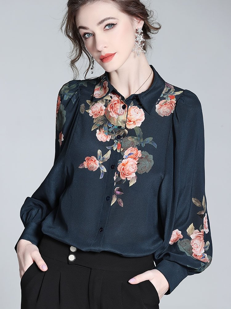 Floral Print Women's Silk Puff Sleeve Blouse-Real Silk Life