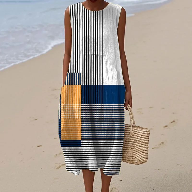 Women's Vintage Striped Art Print Linen Tank Dress