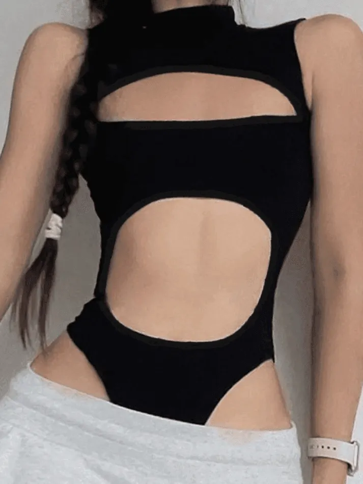 Brownm Sleeveless Cutout Black Bodysuit