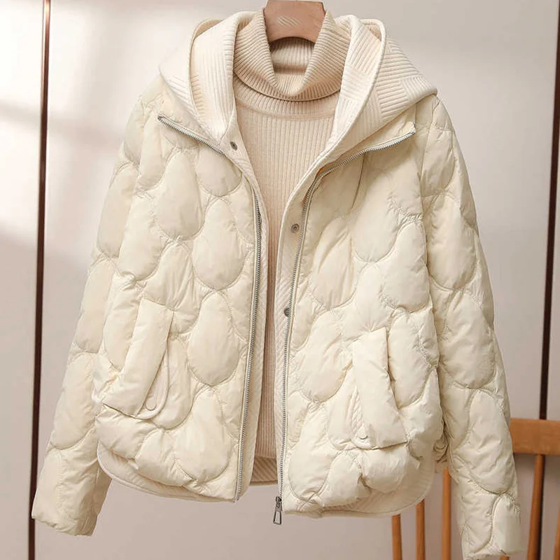Toloer Fake Two Knitted Splicing Down Jacket Female 2024 Winter New Korean Version Fashion High-End Hooded White Duck Down Coat-Outfit Ideas
