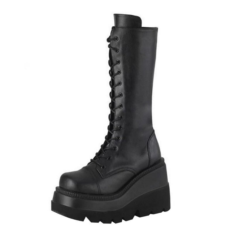 PU Leather zipper Black Mid Calf Women's Boots High Heel Platform Boots Women Wedge Motorcycle Boots Flat Shoes For Women 2021