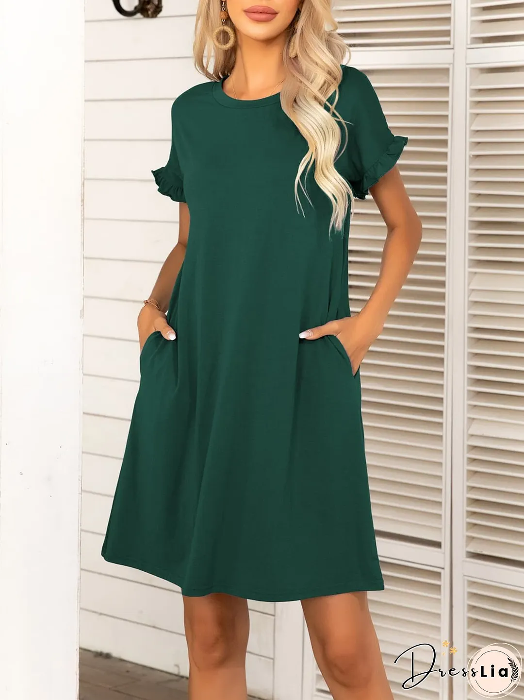 Round Neck Flounce Sleeve Dress with Pockets