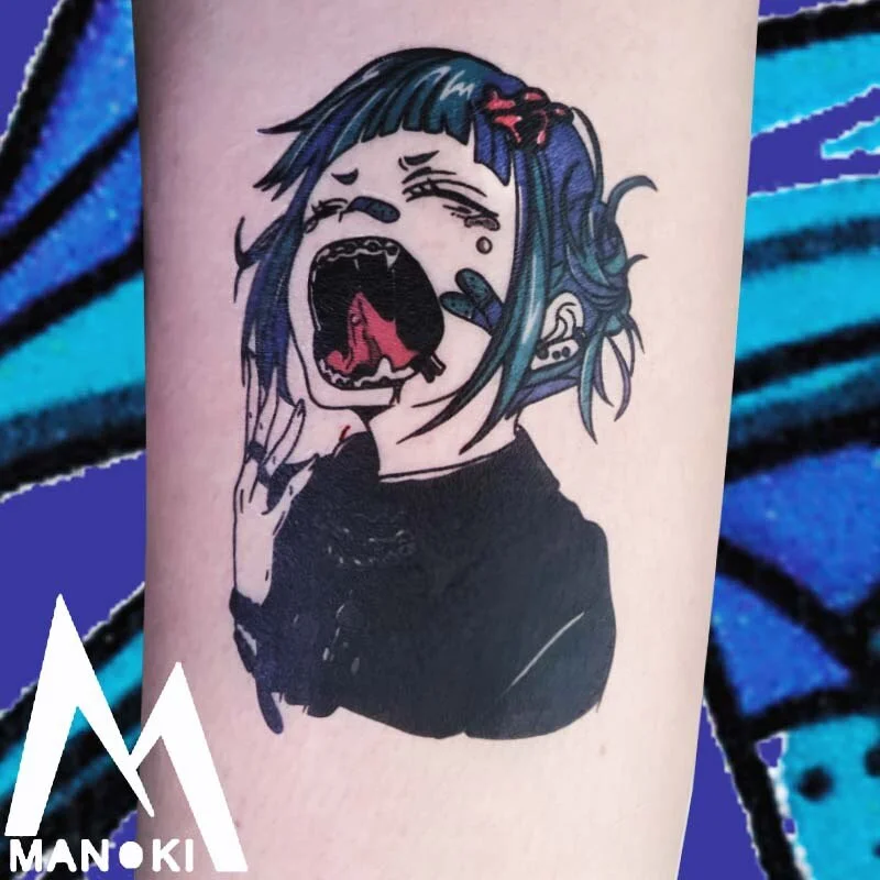 Sdrawing Temporary Tattoo Sticker Anime Cartoon Cute Pink Hair Girl Flower Necklace Fake Tatto Flash Tatoo Art for Women Men