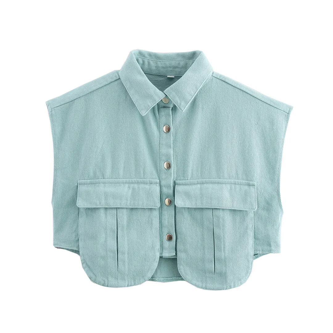 Nigikala Nigikala Women's Solid Color Big Pocket Sleeveless High Sense Cardigan Polo Collared Shirt Denim Top A19846